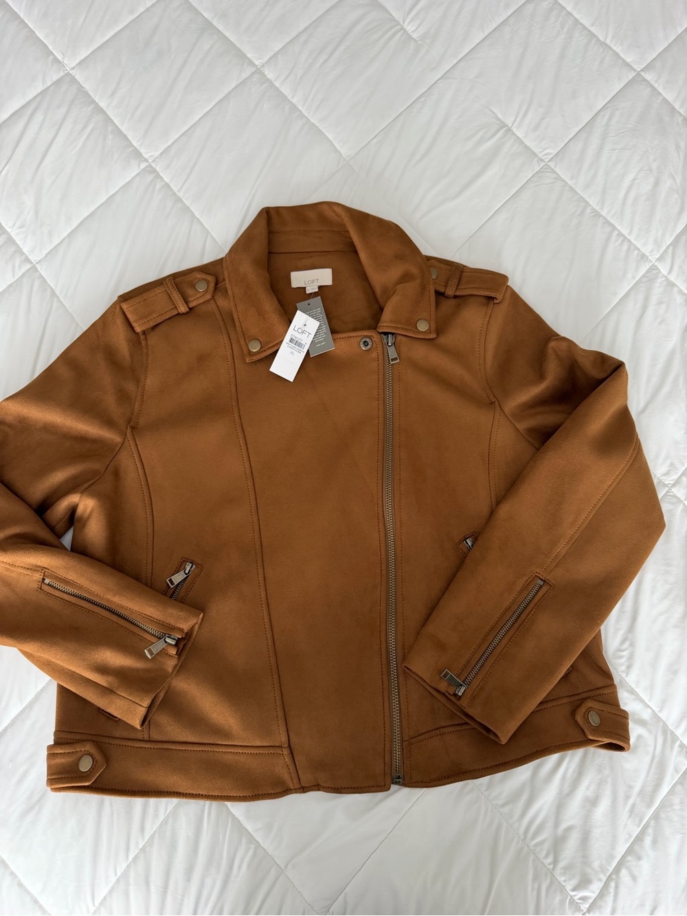 LOFT Faux Suede Moto Jacket Camel Brown XL NWT